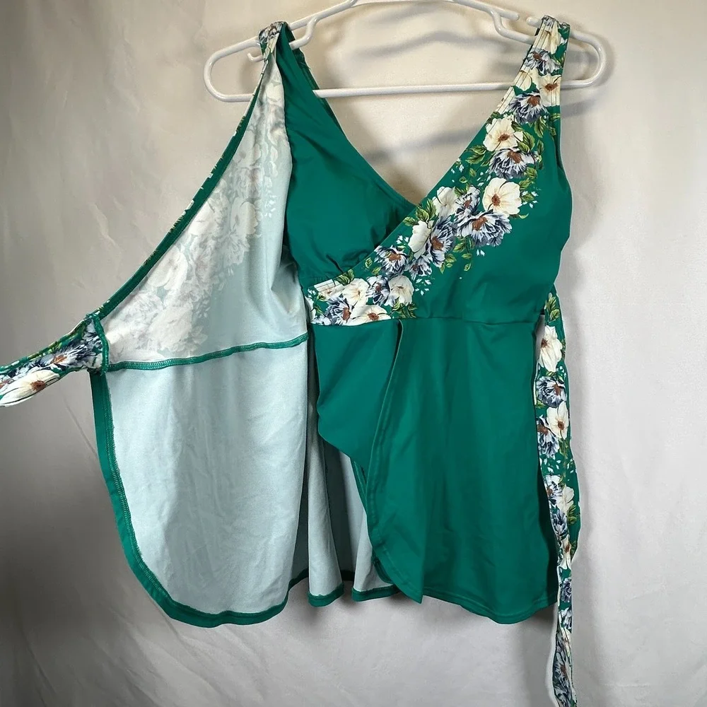 Land's End Women's Petite 4 Side Tie Mini Green Floral Swim Dress Swimsuit 1-pc‎